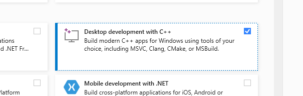 Feature "Desktop development with C++" selected in the Visual Studio Installer window.