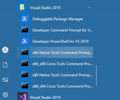 Start menu item showing the "x64 Native Tools Command Prompt for VS 2019" icon.